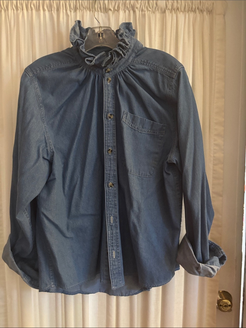 Women’s KMJ Quarantina denim ruffle neck Button-Up long sleeve Shirt in L